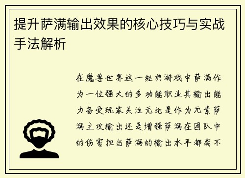 提升萨满输出效果的核心技巧与实战手法解析